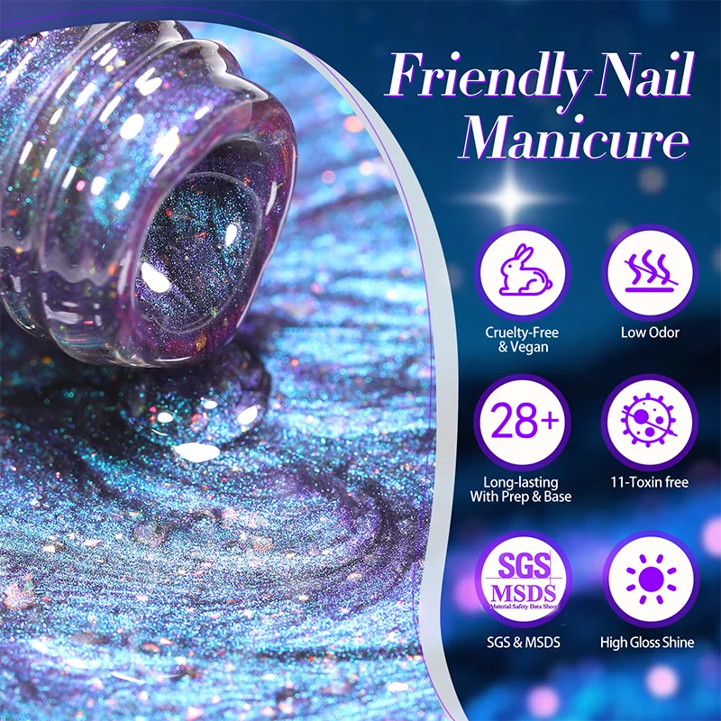 BORN PRETTY Starry Sky Sequins Cat Magnetic Gel Nail Polish Purple Blue Double Light Gel Polish with Magnet Stick Need Black Gel