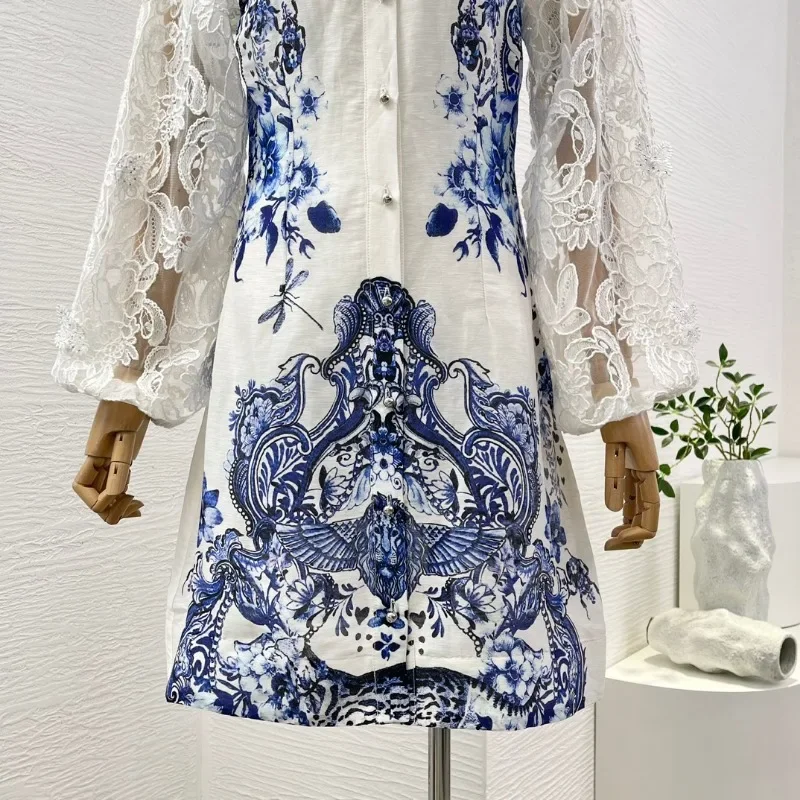 White Blue Floral Print Long Sleeve Lace Embroidery Mini Dress Elegant Ladies Holiday New High Quality