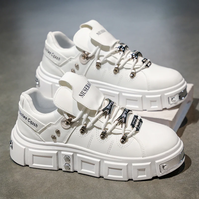 Men's Leather Shoes Metal Sponge Shoes Thick Soled Punk Shoes Trendy Brand Men's Shoes Plus Size Work Shoes Youth Clunky Sneaker