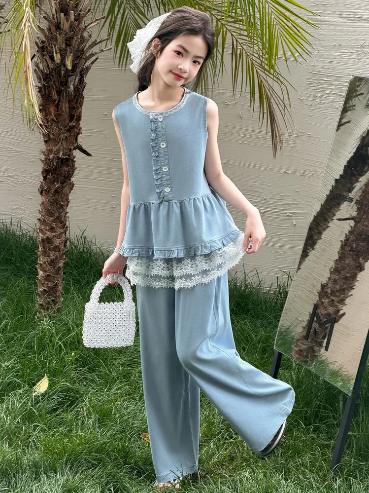 

2026 New Teenage Casual Lace Jean Clothing Suits, Baby Girls Fashion 2 Piece Sets, Top + Pants 5 -12 T