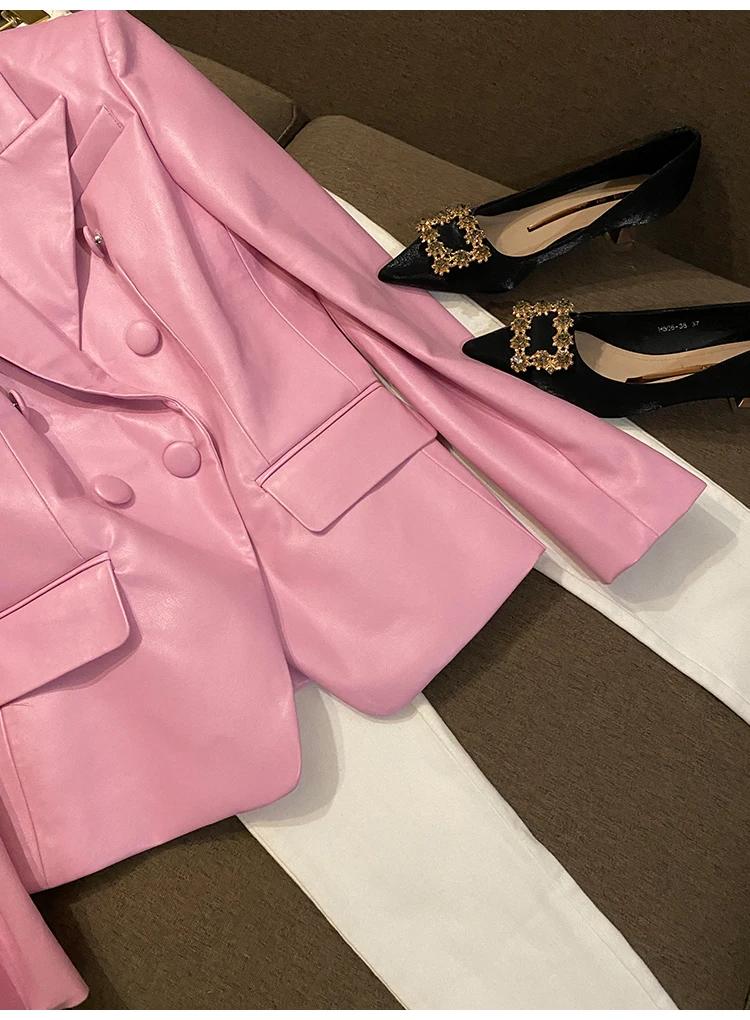 Lautaro Spring Stylish Short Pink Soft Pu Leather Blazer Long Sleeve Slim Fit Luxury Jackets for Women 2022 Elegant Fashion 5xl