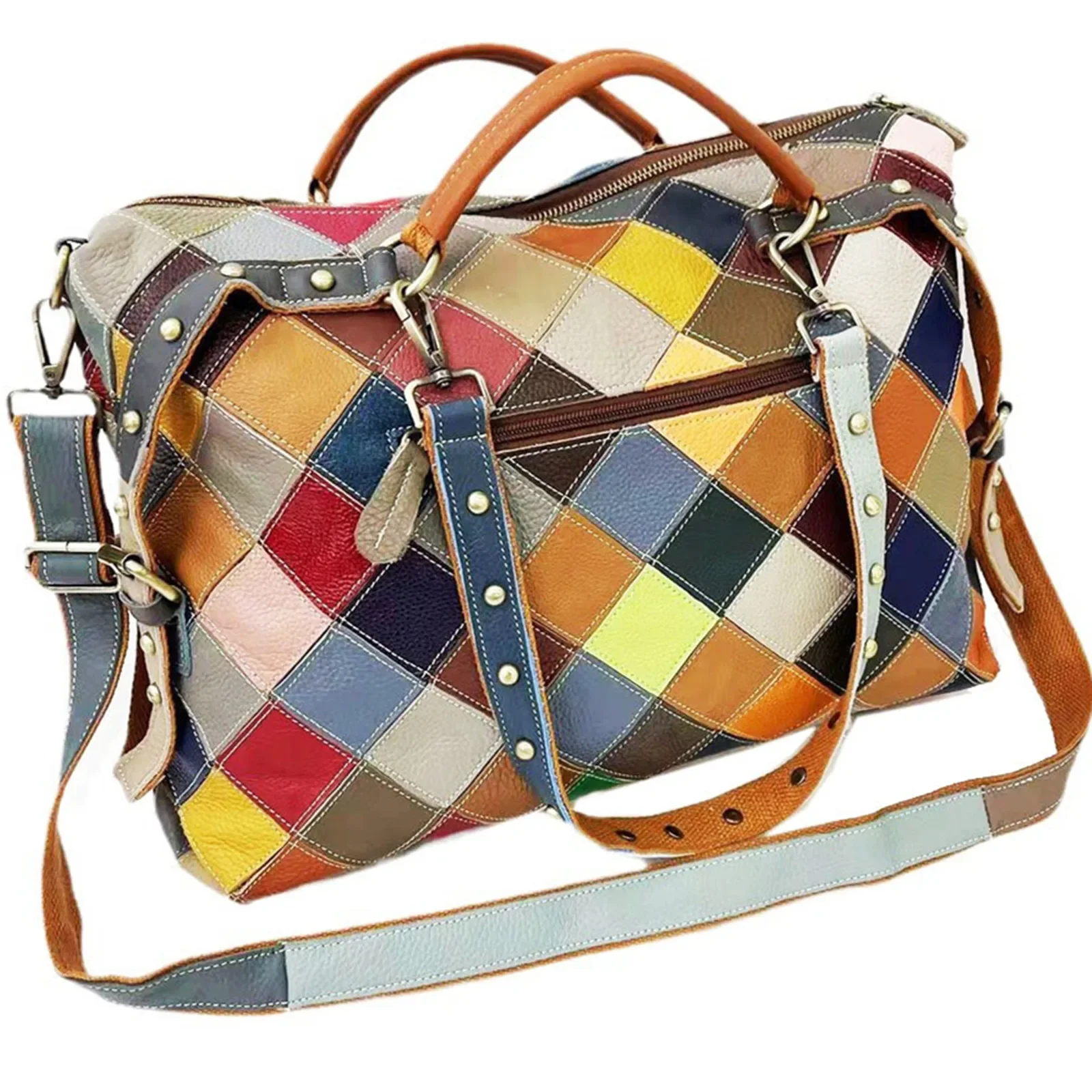 Ms.Splicing Contrast Color Women Handbag Head Layer Cowhide Shoulder Crossbody Bag Girl Travel Messenger Storage Genuine Leather