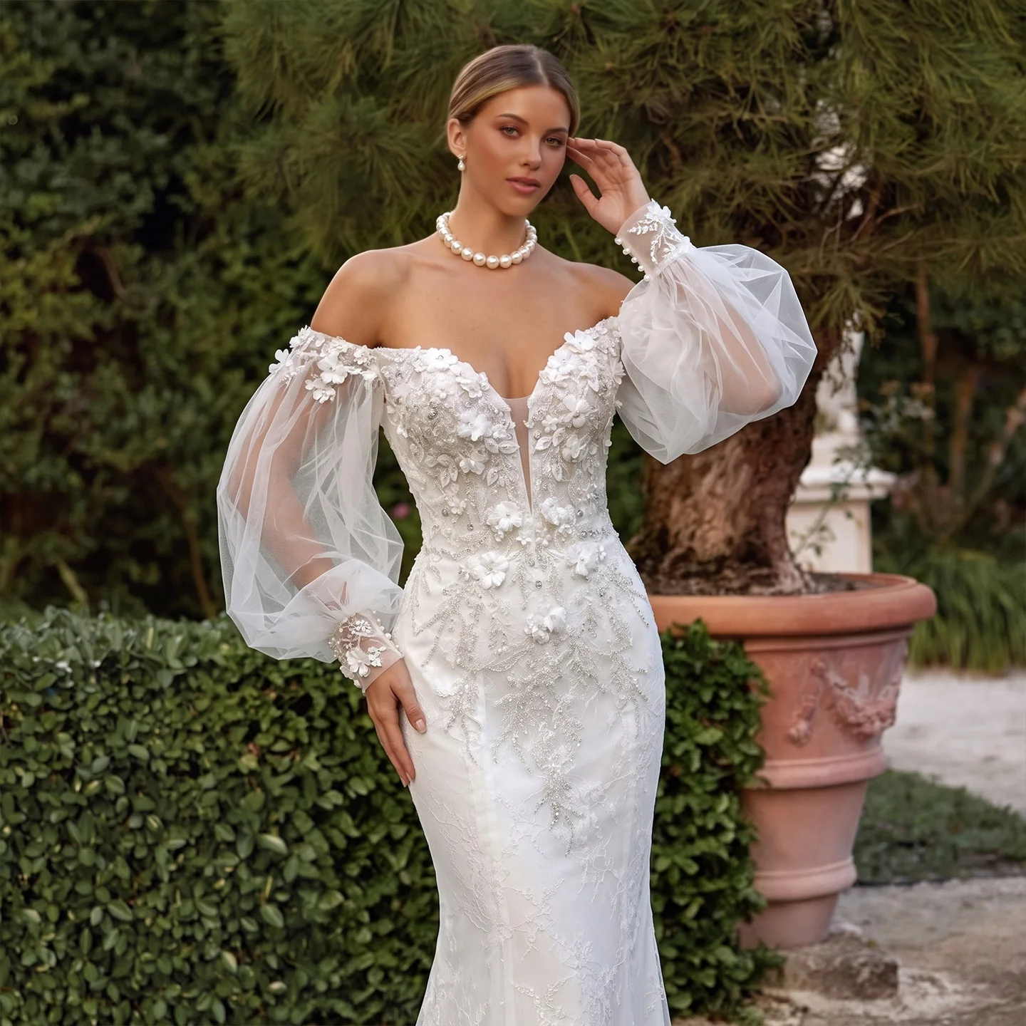 Sheer Fairy Wedding Dress Luxury Off Shoulder Sweetheart 3D Floral Pearl Puff Sleeves Dubai Elegant Bridal Gown SW630 Customized
