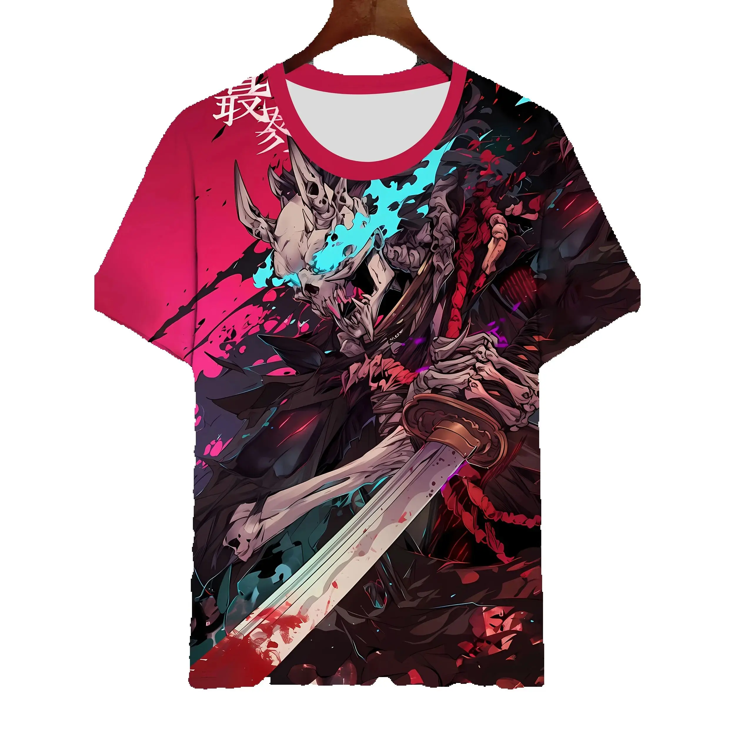 الرجال أنيمي الجرافيك تي شيرت ثلاثية الأبعاد طباعة عادية كم قصير المحملة مع الجمجمة السيف تصميم المتضخم قميص هاواي صيفي ملابس للرجال المحملة