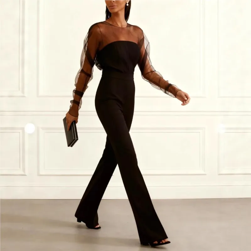 Daily Commuting Jumpsuit Women's Sexy Chest Mesh Stitching Long-sleeved Jumpsuit Spring Solid Color Slim Buttock One-piece Pants