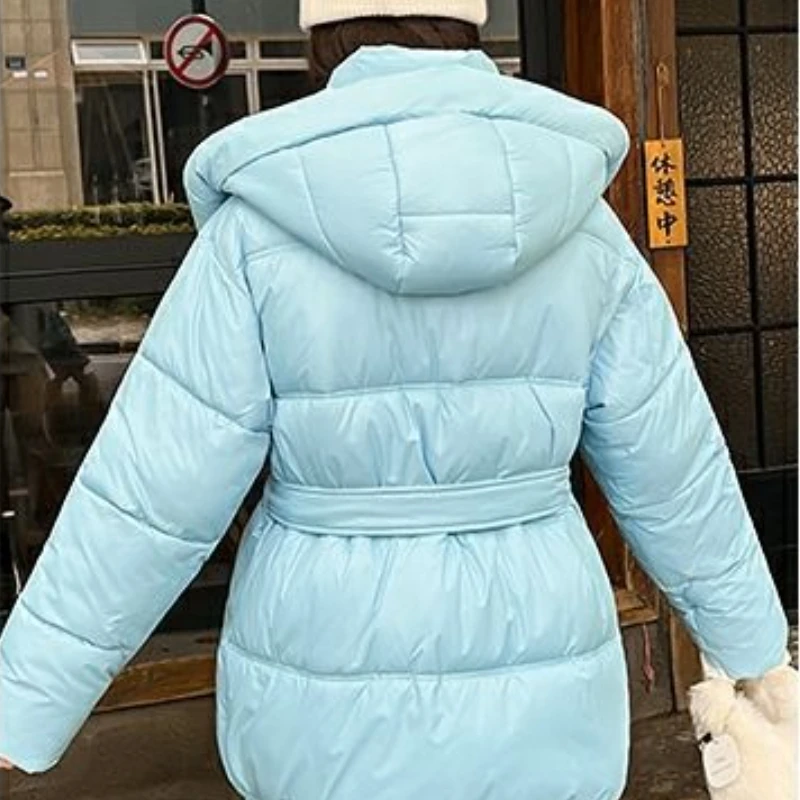 2025 Hooded Cotton Jacket Thickened Autumn/Winter Fashion Jacket Women's Solid Color Belt Warm Coat