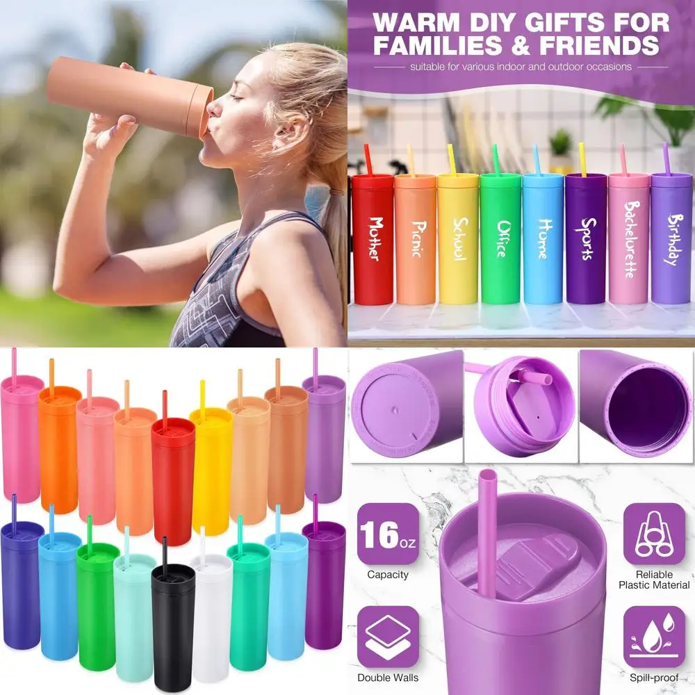 

16 oz Acrylic Double Wall Tumblers with Lids, Bulk Matte Colored Cups for Cold and Hot Drinks, Reusable Mugs Ideal for DIY Gifts