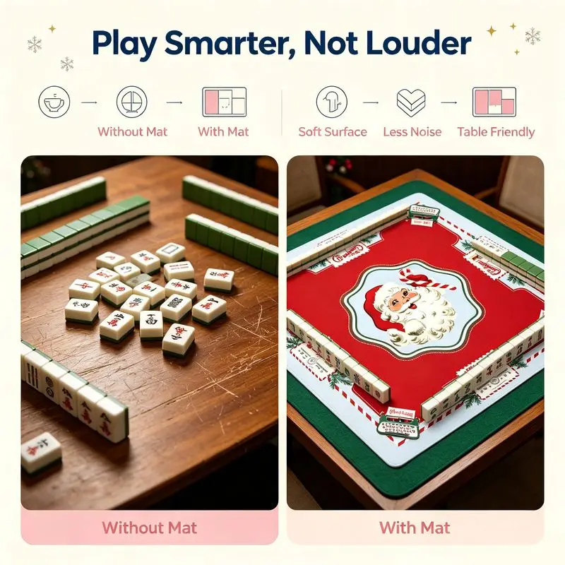 VIKAMA Christmas Mahjong Mat Non‑Slip Noise Reduction Square Game Table Pad for Family Game Night Holiday Party Home Decor