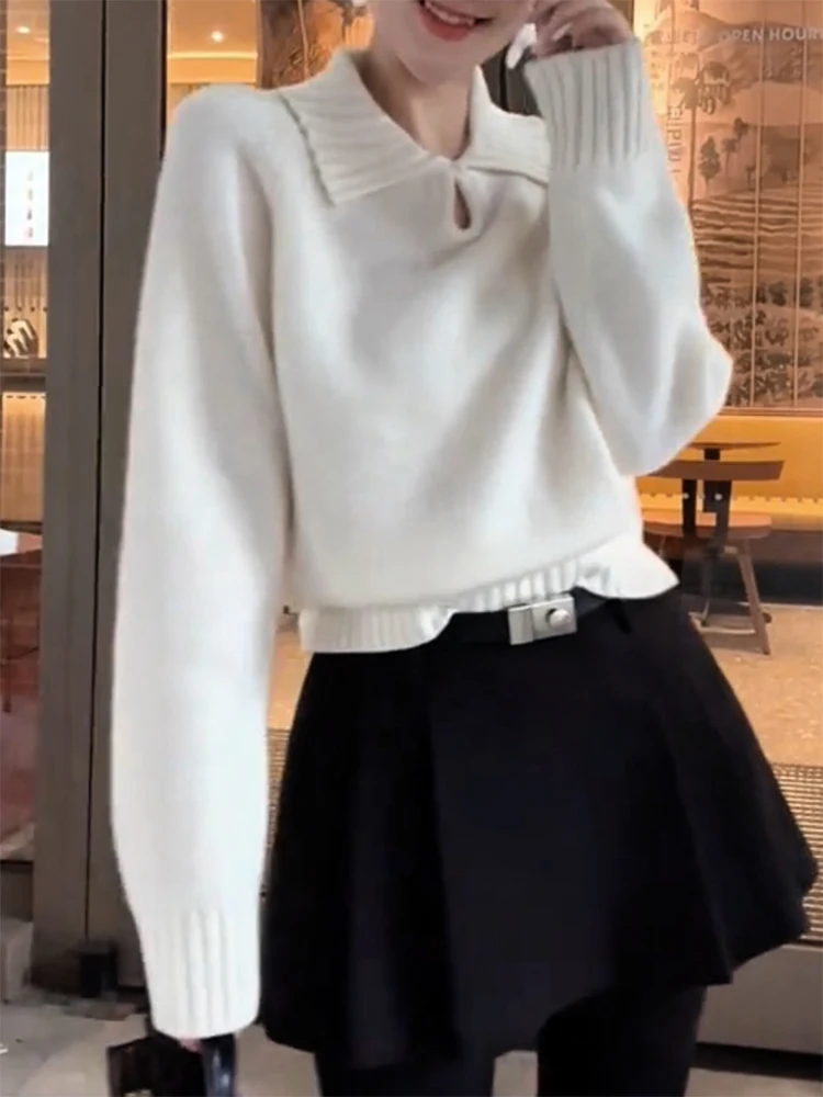 

Корейский вязаный свитер с отложным воротником в стиле кэжуал, осенне-зимняя новинка, большие размеры, стройнящий универсальный топ