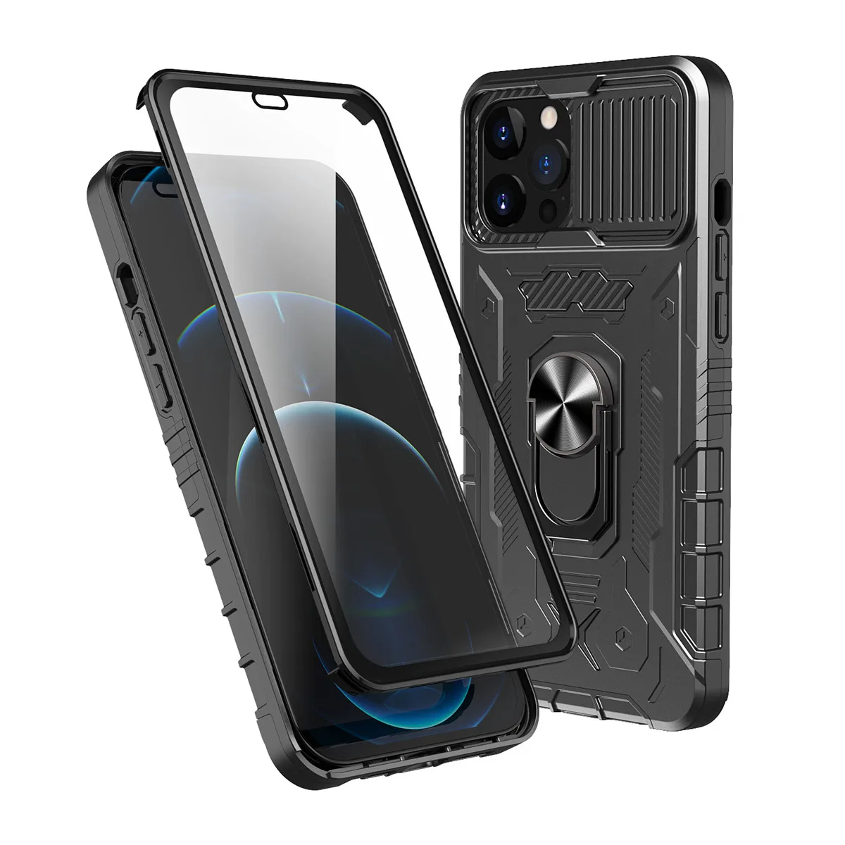 

Yidai-Silu Case Built-in Screen Camera Cover Armor Rugged Metal Shockproof Protective Kickstand Ring Shell for iPhone 12 Pro Max