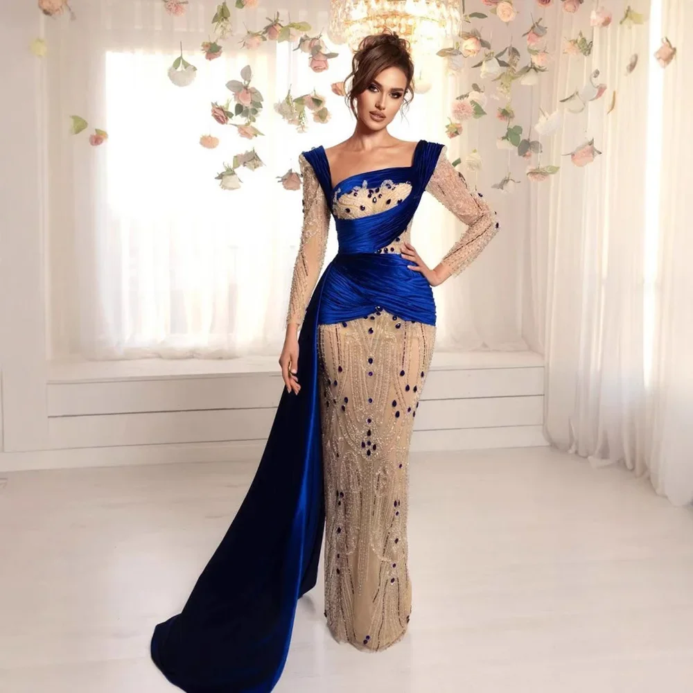 ชุดราตรีหรูหรา ROYAL BLUE Mermaid ชุดราตรีกํามะหยี่ลูกปัดพรรคอย่างเป็นทางการชุด 2025 Serene Hill