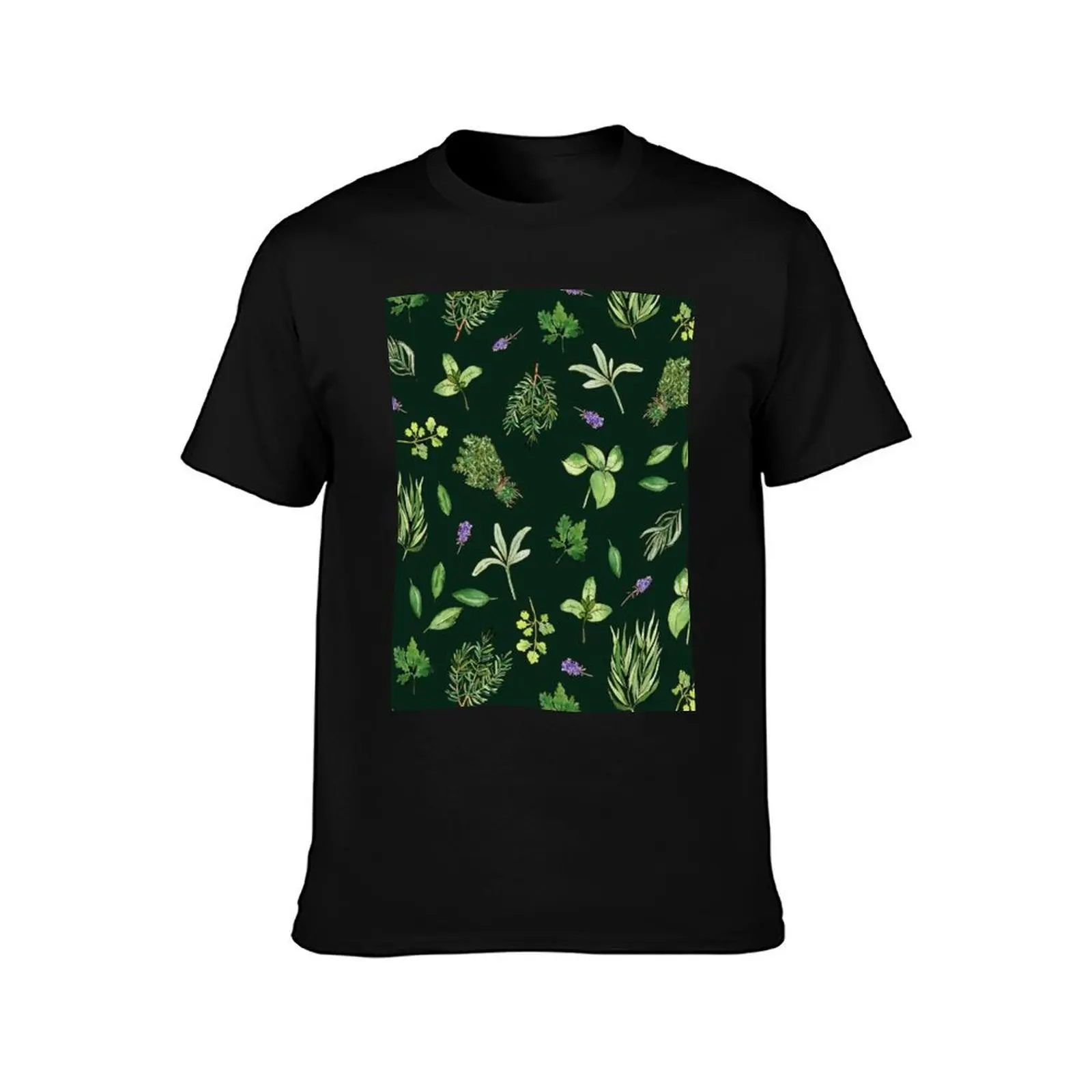 Herbs watercolor pattern on dark green T-Shirt Stretch Fabric Comfort T-Shirt