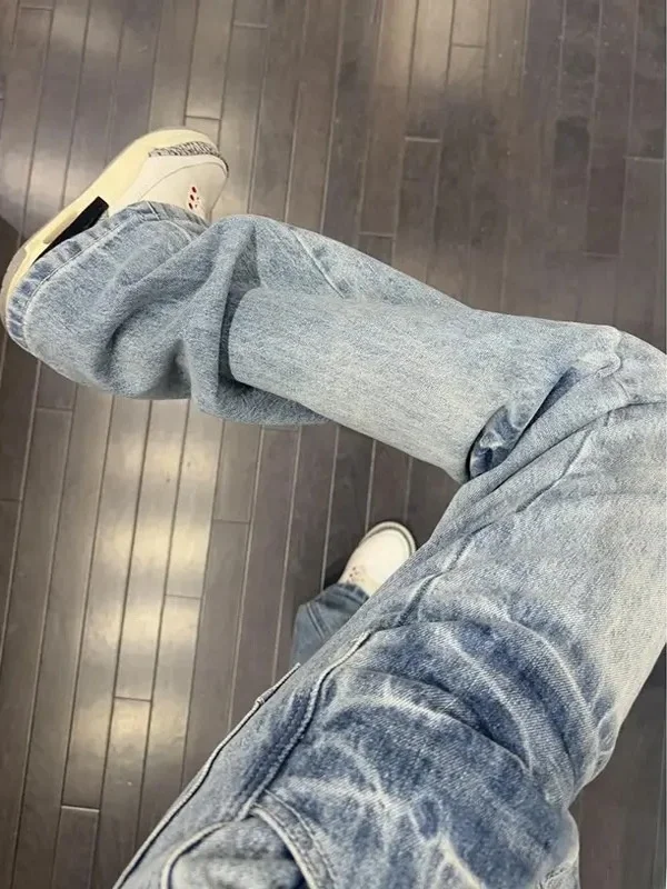 

Мужские джинсы-стрейч в винтажном стиле с принтом «молния», прямые брюки, длинные штаны для уличного стиля