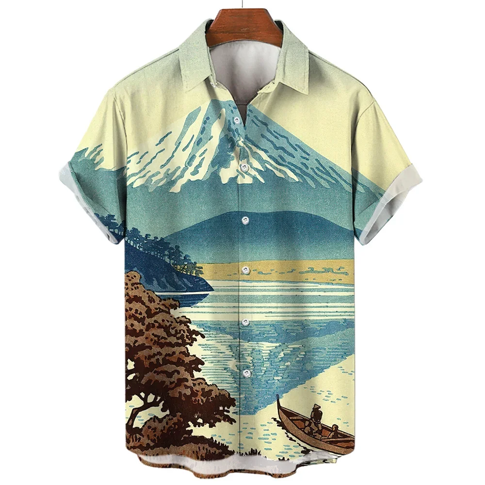 Ocean Y2K Vintage Men'S Lapel Social 3d Casual Hawaiian Fashion Shirt For Man Street Short Sleeves Male Clothes Camisas Casuais