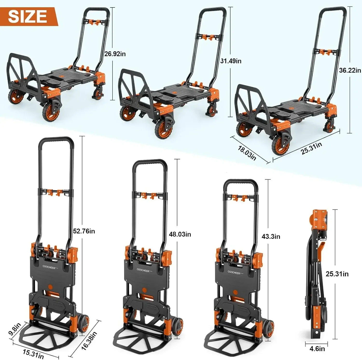 Truck Heavy Duty Carrying, Combination of Four Wheels and Two Wheels Convertible Dolly Cart with Retractable Handle Dolly for Mo