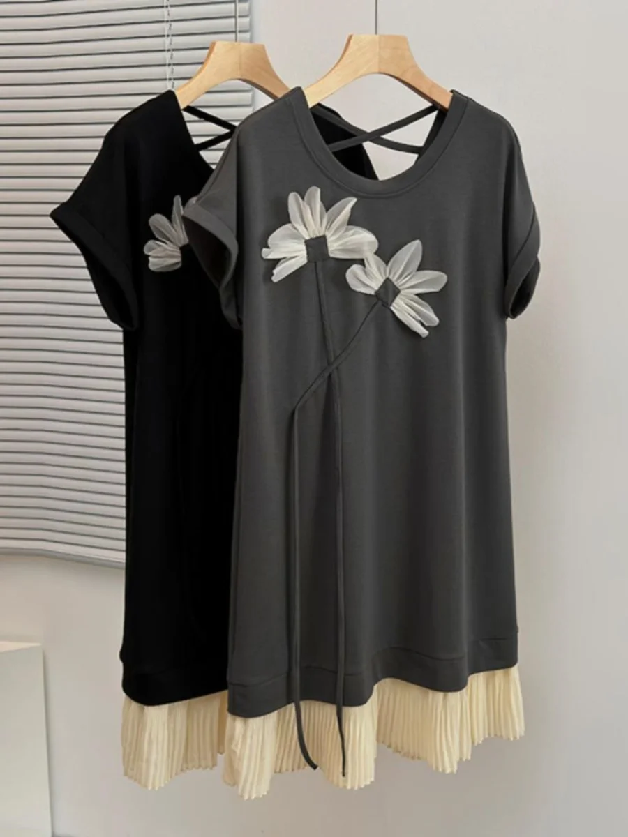 Vestido holgado de estilo francés para mujer, camisetas de manga corta con espalda descubierta y retazos, vestidos informales con cuello redondo y estampado de flores