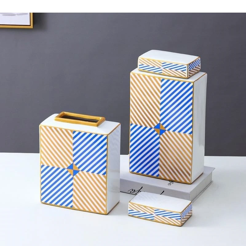 European-style Flat Square Ceramic Storage Jar Desktop Ornaments Abstract Striped Vase Sealed Crafts Home Decoration
