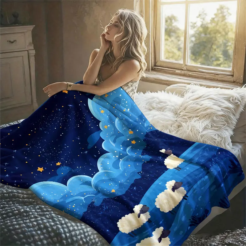 Sheep Night Sky Stars Clouds Flannel Blanket Perfect for Sofa Office Bed Travel Sleep Read Relax Camping Four Season Use