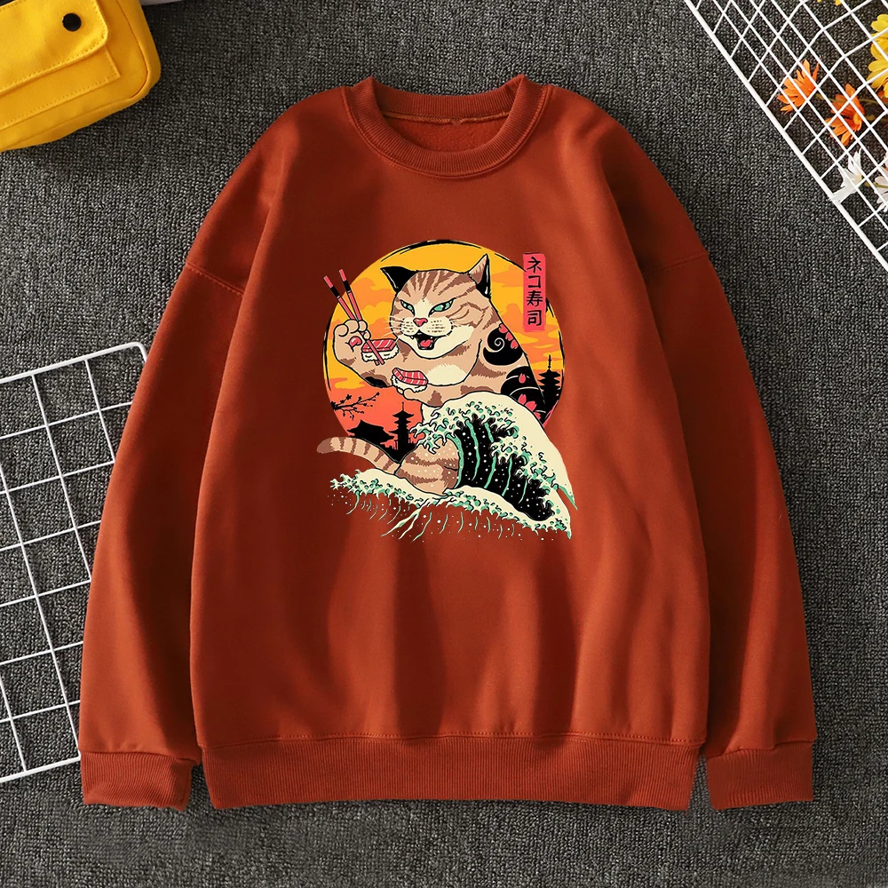 Japanese Harajuku Ukiyo E Style Eating Cat Mens Hoodies Street Sports Sweats Personality Crewneck Tops Korean Loose Men Hoody