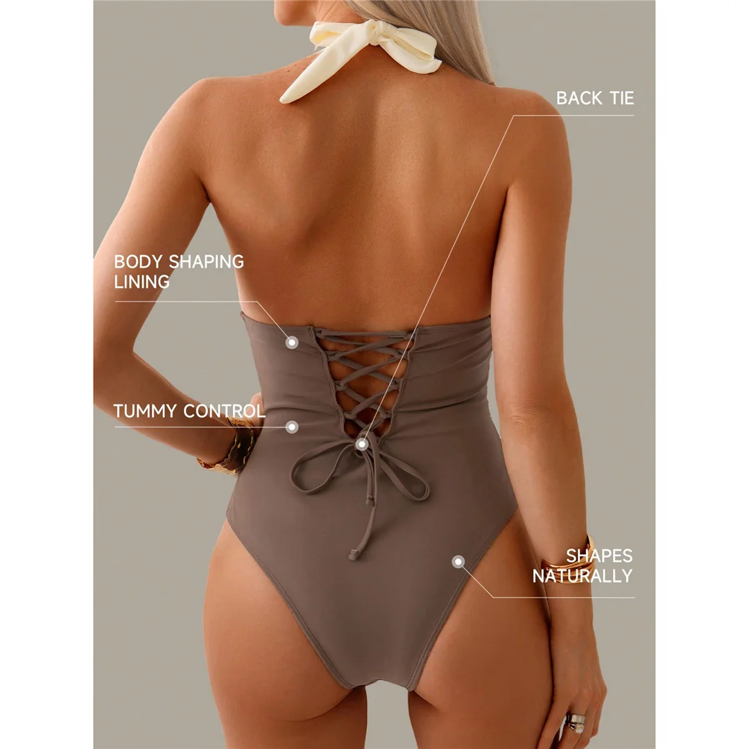 S - XL, V-Ausschnitt, rückenfreier Neckholder-Badeanzug für Damen, einteiliger Badeanzug, Monokini, gepolsterter Badeanzug, Badebekleidung, Badeanzug V7559 – Detail 10