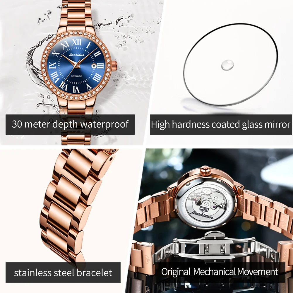 JSDUN 8934 Roman Scale Mechanical Watch For Women Auto Date Luxury Elegant Woman Wristwatch Stainless Steel Waterproof Watches