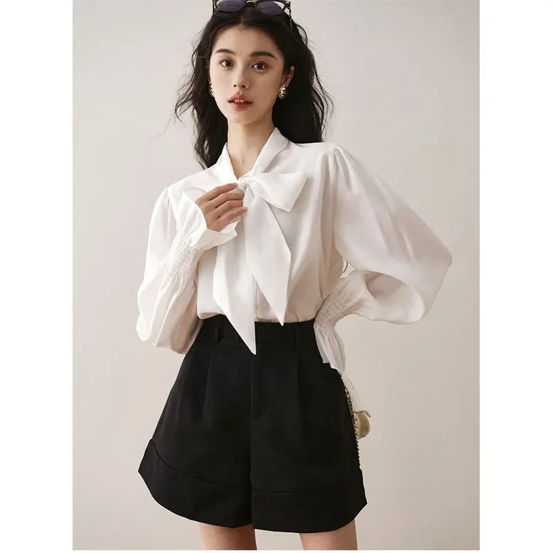 Womens Y2k Tops 2024 Autumn New French Fashion Bow Long-Sleeved Shirt Temperament Drape Chiffon Shirt Commuter Bottoming Shirt