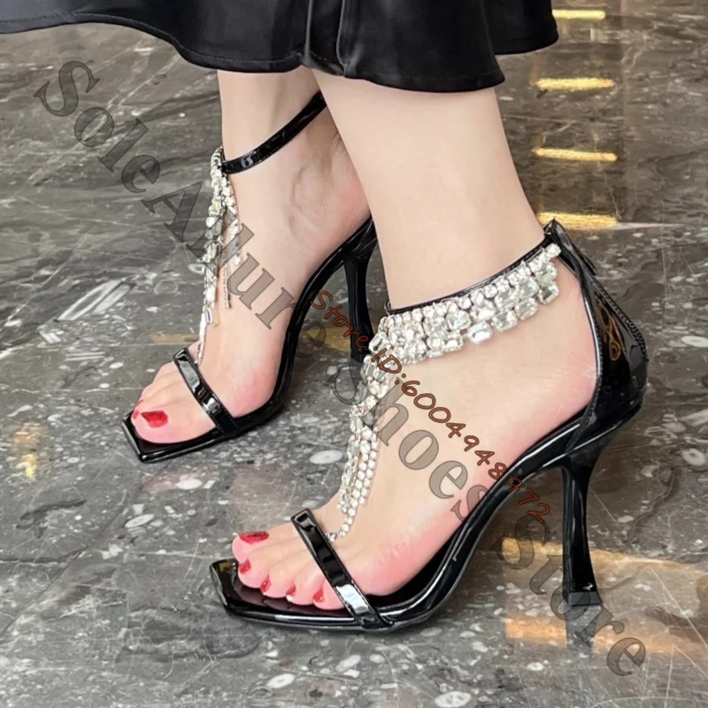 Gloss Patent Square Toe Single Strap High Heel Sandals Back Ankle Strap With Tassel Crystal Rhinestone Drop Elegant Sexy Sandals