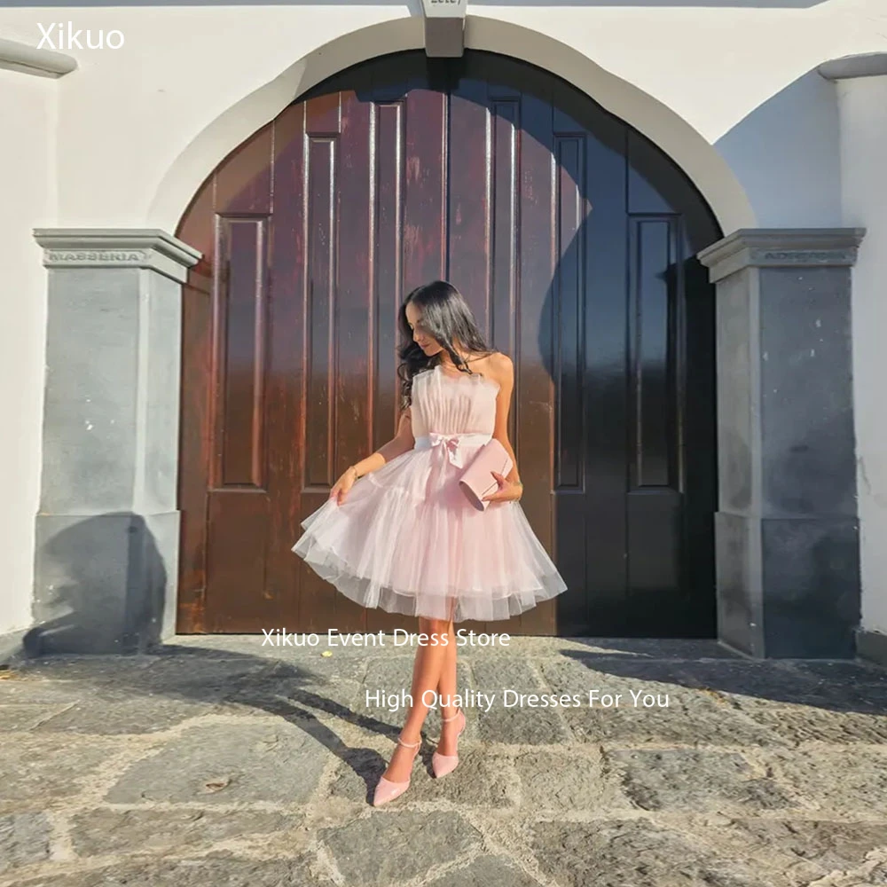 

Xikuo Light Pink Tulle Party Dress Tiered Ruffled A Line Strapless Vestidos De Festa Bow Puffy Homecoming Dresses Customized