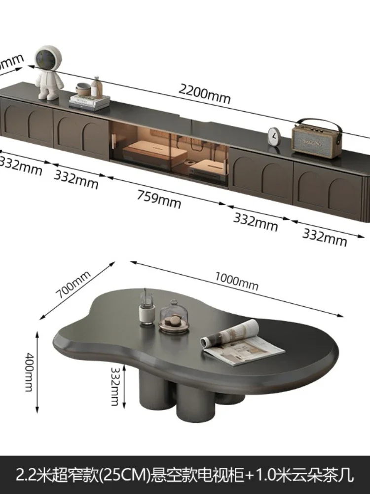 Hanging TV Cabinet and Tea Table Combination Wall-Mounted Black Rounded Wall Cupboard Blocking Socket