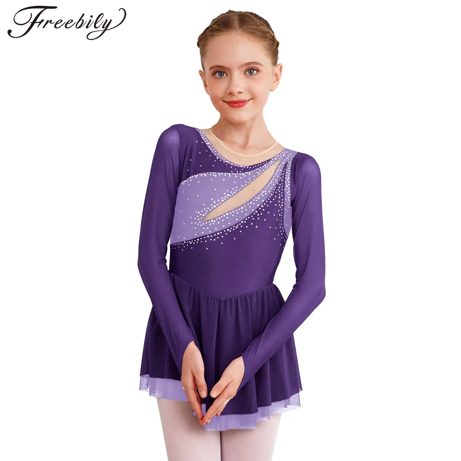 

Kids Girls Ballet Dance Dress Lyrical Dance Gymnastics Leotard Tutu Dresses Long Sleeve Rhinestone Figure Skating Stage Costume