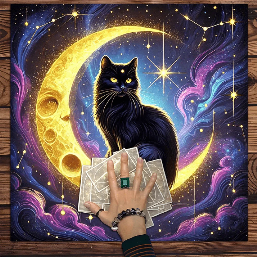 1pc Celestial Mystic Cat Tarot Tablecloth - Enchanted Moon & Starry Night Design with Black Cat, Premium Polyester 19x19 & 73.66