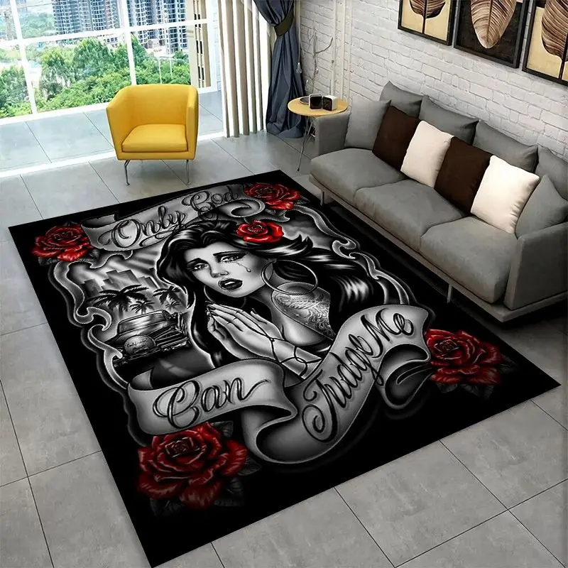Gothic Skull Dead Girl Horror Female Large Area Rug Non-slip Carpet for Bedroom Living Room Sofa Doormat Home Decor Floor Mat