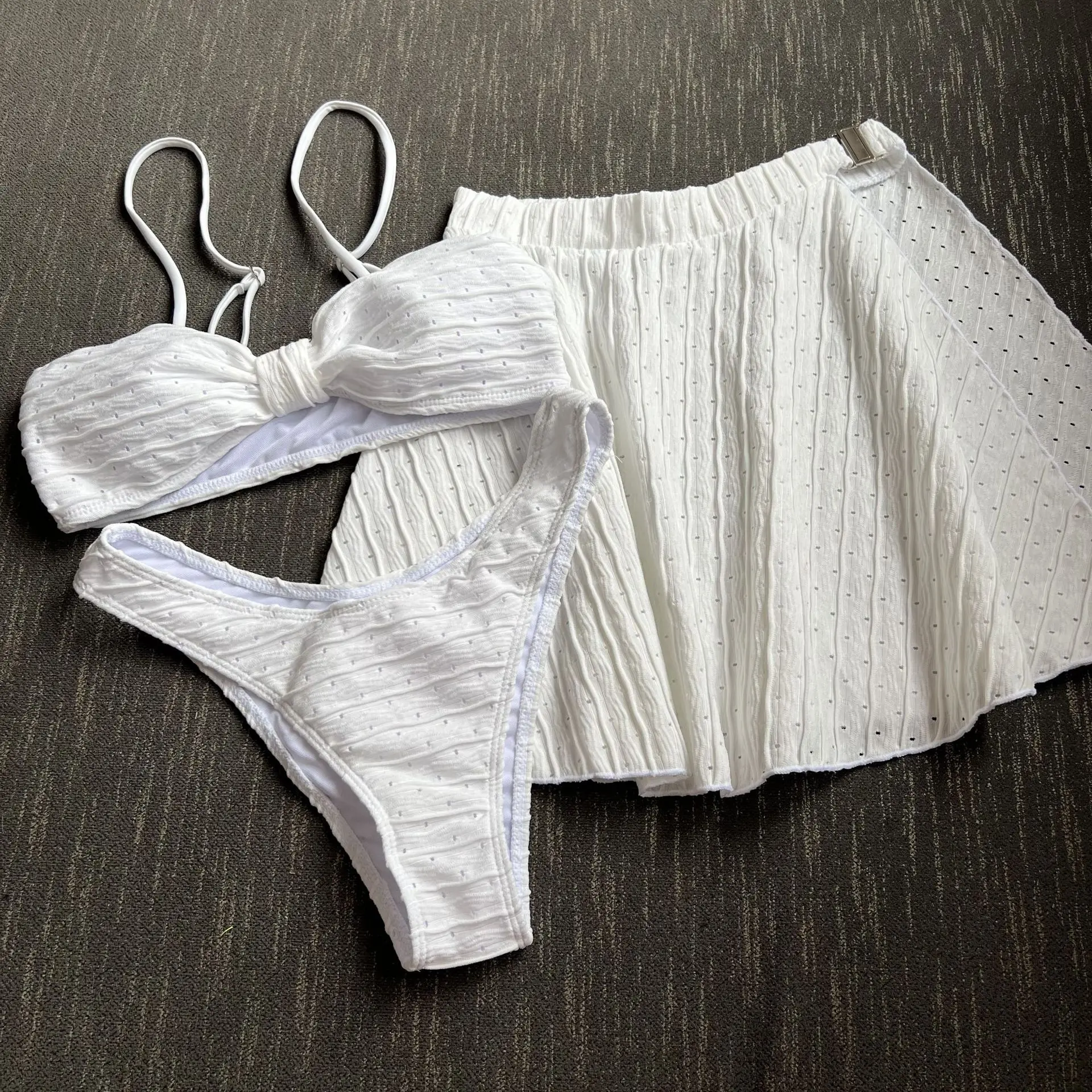 

Sexy 2025 White 3 Piece Skirt Bikini Set Women Strapped Push UP Swimsuit High Cut Beach Brazilian Lady Bathing Suit