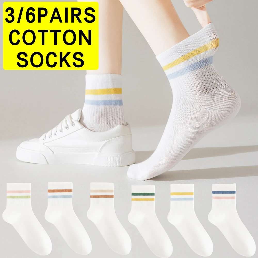 

3/6 пар женских дышащих хлопковых носков, противоударные спортивные носки для экипажа, поддержка свода стопы для бега в тренажерном зале, тренировки в полоску до середины икры