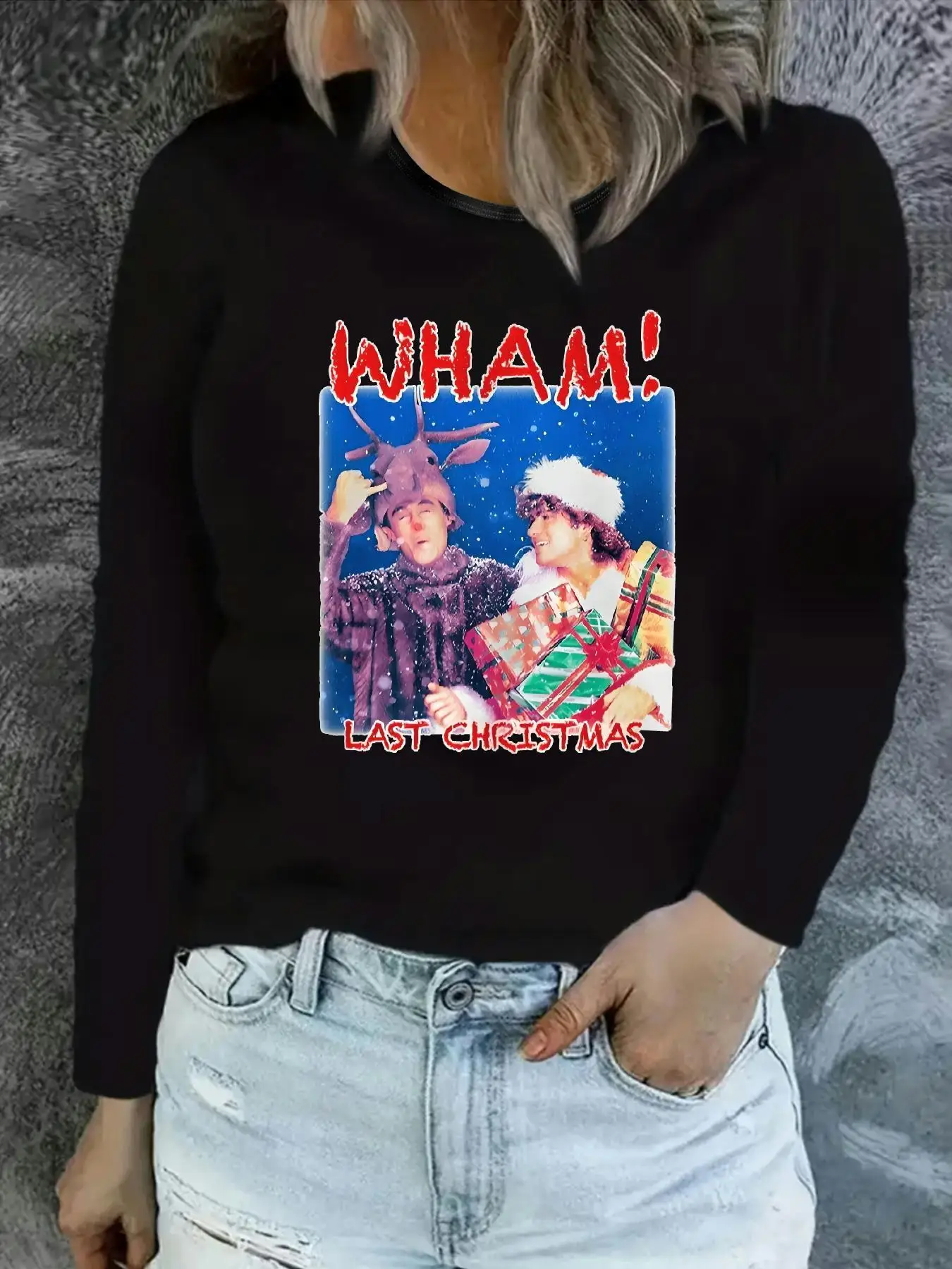    Retro-Weihnachts-T-Shirt für Damen, übergroß, Rundhalsausschnitt, lange Ärmel, Damenbekleidung, Weihnachtskostüm, Sweatshirts, Pullover, Y2K-Top
