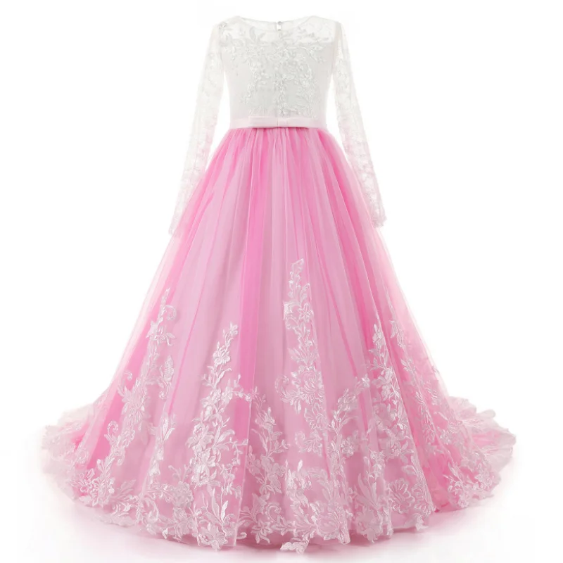 Dark Pink Flower Girl Dresses Tulle White Appliques Pattern With Bow Long Sleeve For Wedding Birthday Party First Communion Gown