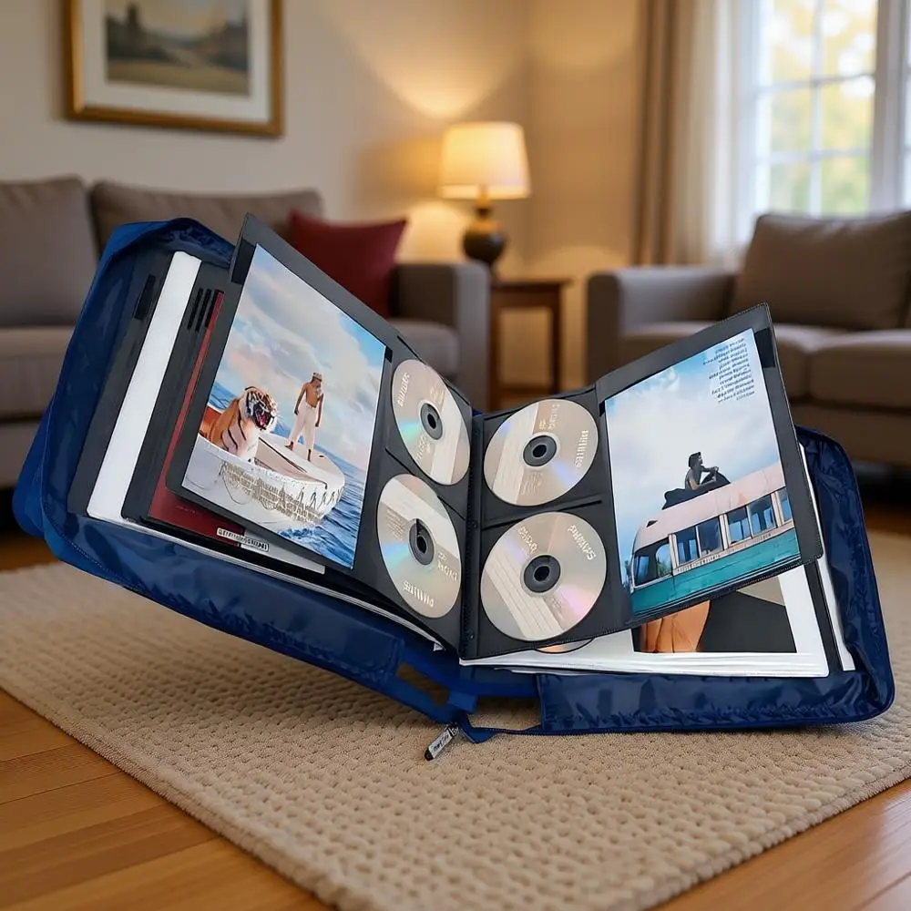 

Портативный синий футляр для хранения DVD/CD/Blu-ray дисков на 192 диска и 96 обложек для буклетов