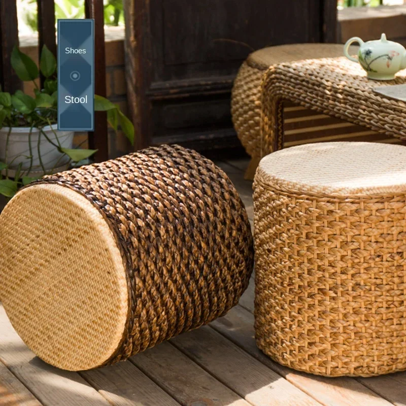 Handmade Rattan Pouf Strong Loadbearing Low Durable Creative Round Stool Countryside Taburete EcoFriendly Material