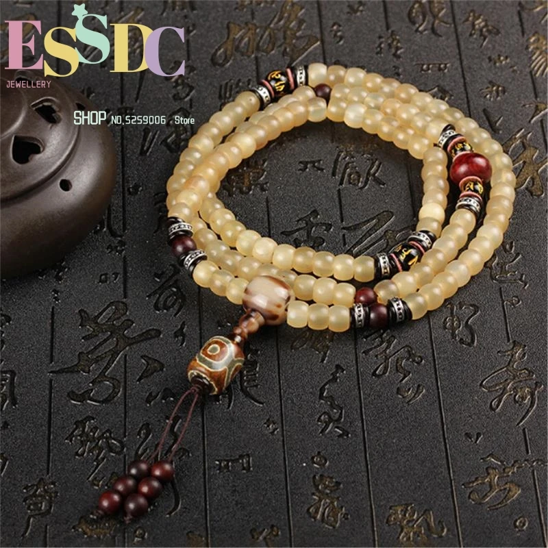 Tibetan Natural Sheep Horn 108 Mala Hand Polished Bucket Beads Strand Bracelet Necklace Buddhist Six Words Jewelry for Men Women