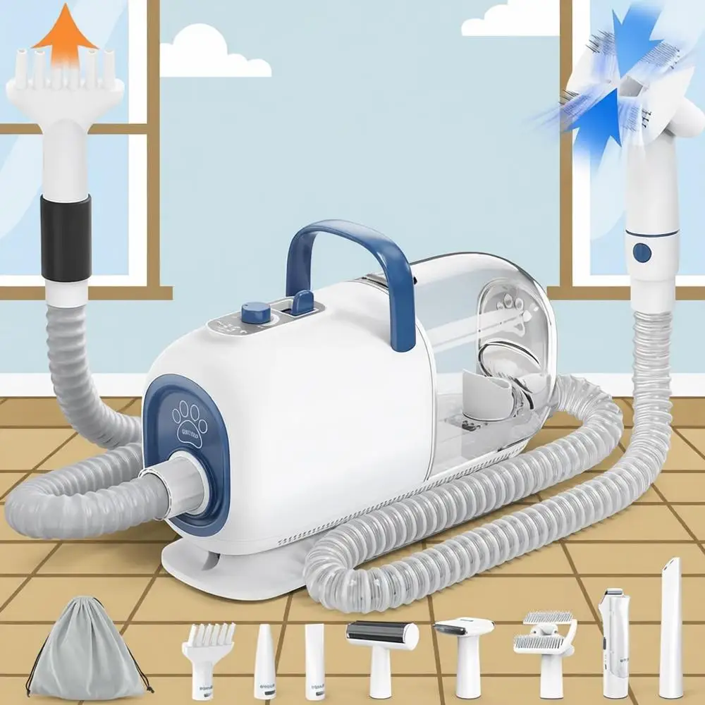 

Dog Vacuum & Dryer or Shedding Grooming, 8 in 1 Dog Grooming Kit with Metal Blade Pet Clippers, Adjustabland Temperature Control