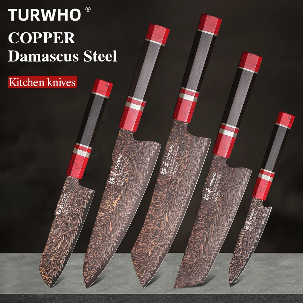 TURWHO Japanese Chef Knife 37 Layer Real Tricolour Copper Damascus Steel Professional Kitchen Knives Slicing Utility Cleaver