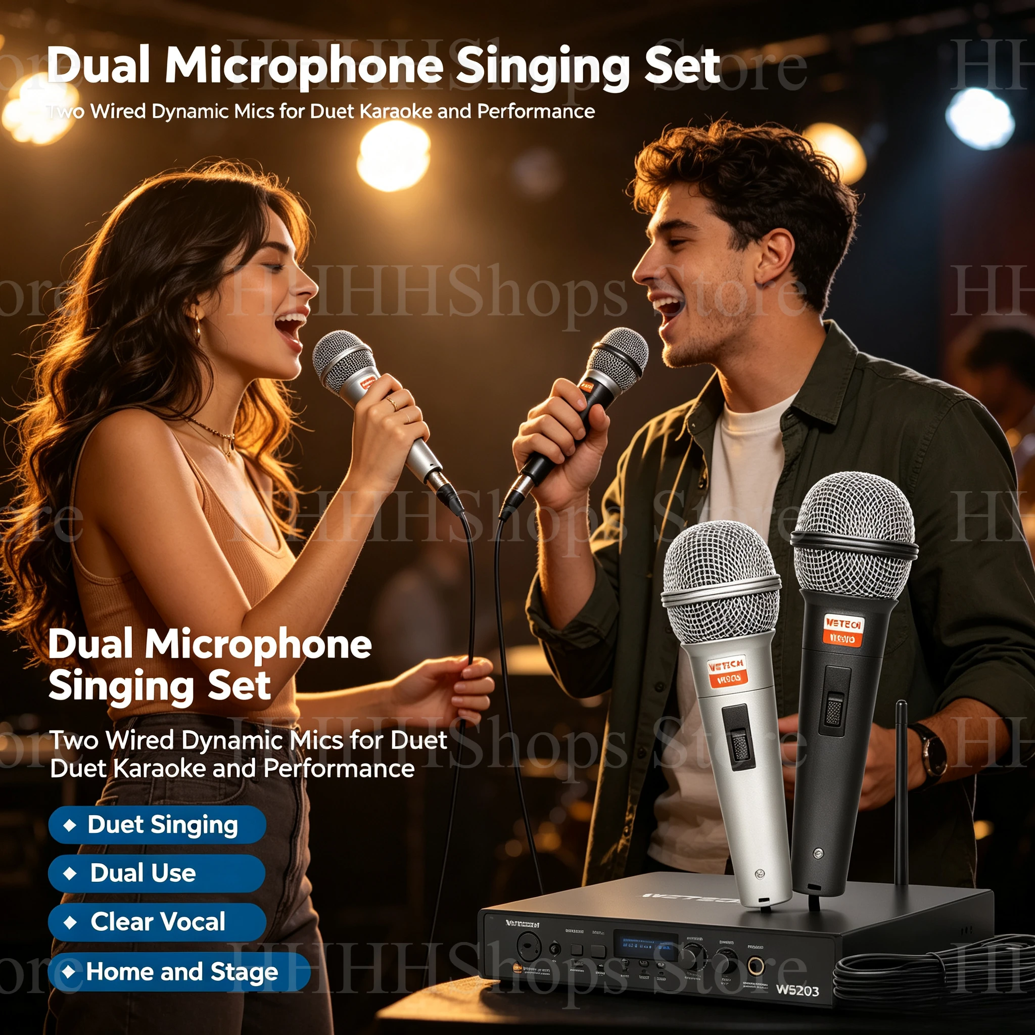Set di microfoni vocali dinamici unidirezionali portatili, 200 cm, microfono cablato AUX da 6,5 mm per karaoke domestico, feste, bar, palco, performance dal vivo, canto e intrattenimento.