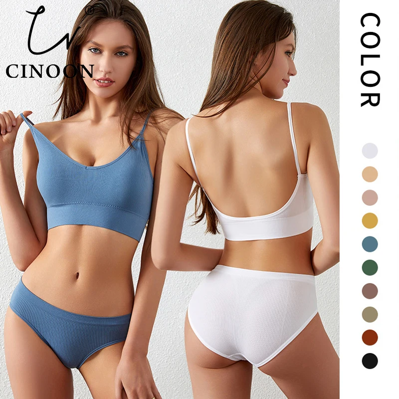 

CINOON Sexy Seamless Tops Set Low-waist Panties Women Wireless Underwear Suit Soft Padded Bras Set Backless Bralette Lingerie