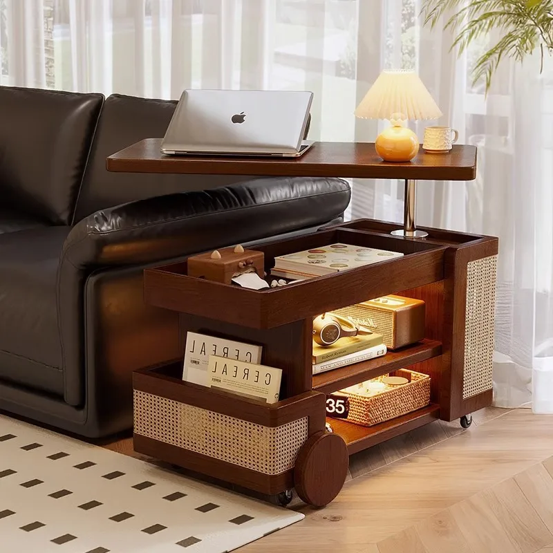 

Solid wood modern living room bedroom sofa side cabinet, liftable small apartment mobile trolley bus side table