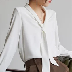 Women Spring Summer Style Blouses Shirts Lady Casual Long Sleeve Bow Tie Collar White Color Blouses Shirts