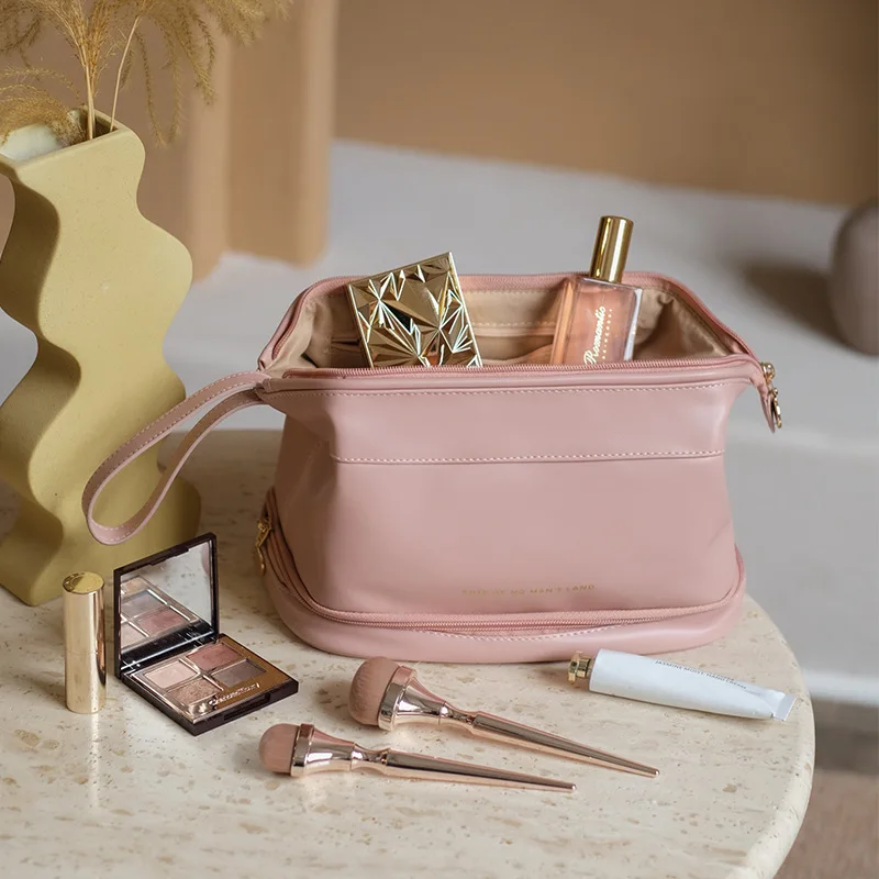 Multifunctional Makeup Bag For Women PU Leather Large Capacity Portable Double Zipper Travel Makeup Brush Toiletries Storage Bag