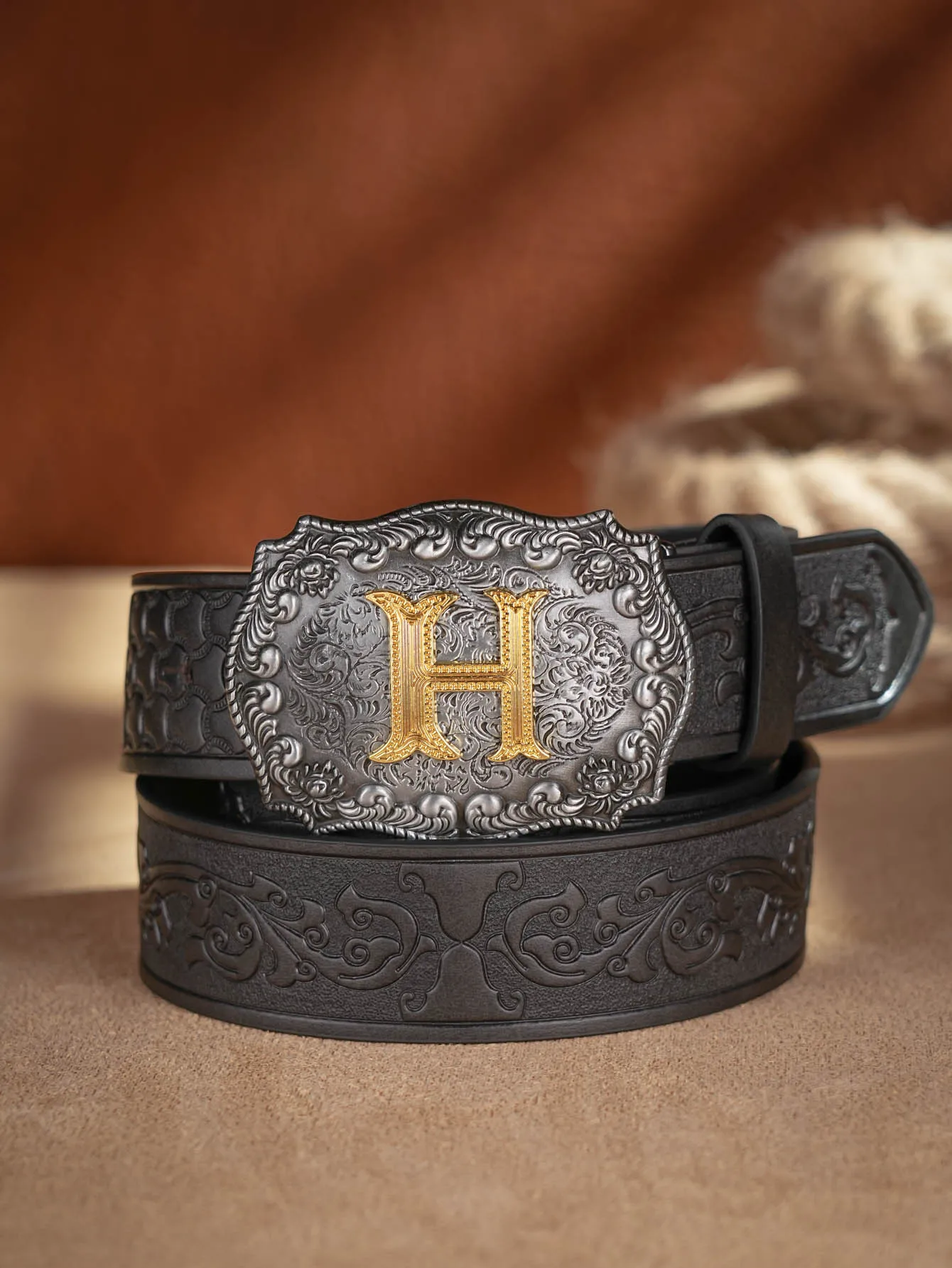 Western Cowboy PU-Ledergürtel – Herren-Hüftgurt, Stier-Dekoration, Blumenmuster, graviert für Jeans – Detail 15