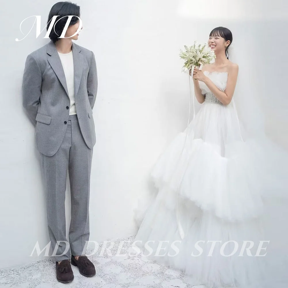 MD Simple White A-line Wedding Dresses Tiered Pleat Sleeveless Tulle Korea Photo shooting Sweep Train Customized  Bride Gowns