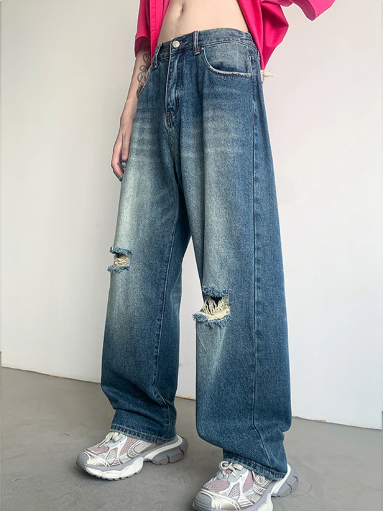 Ripped Vintage Jeans Men Hip Hop American Retro Streetwear Denim Trousers Y2k Clothes S-3XL Hole Wide Leg Vaqueros Washed Teens