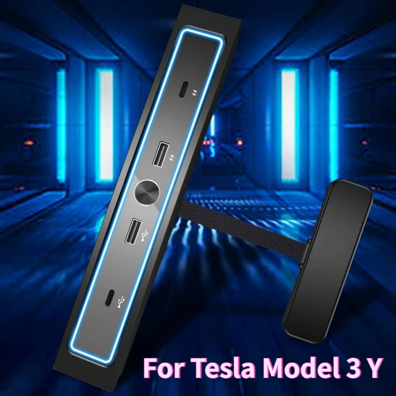 

For Tesla Model 3/Y 2021-2024 LED Light Bar Center Box Docking Station USB/typeC Splitter HUB 4-Port Hub Converter Expansion